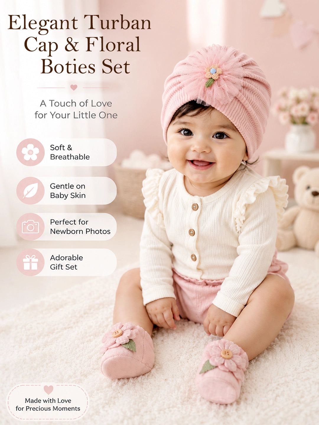 Pink Floral Turban Cap & Booties Gift Set | Baby Girls | 0–12 Months
