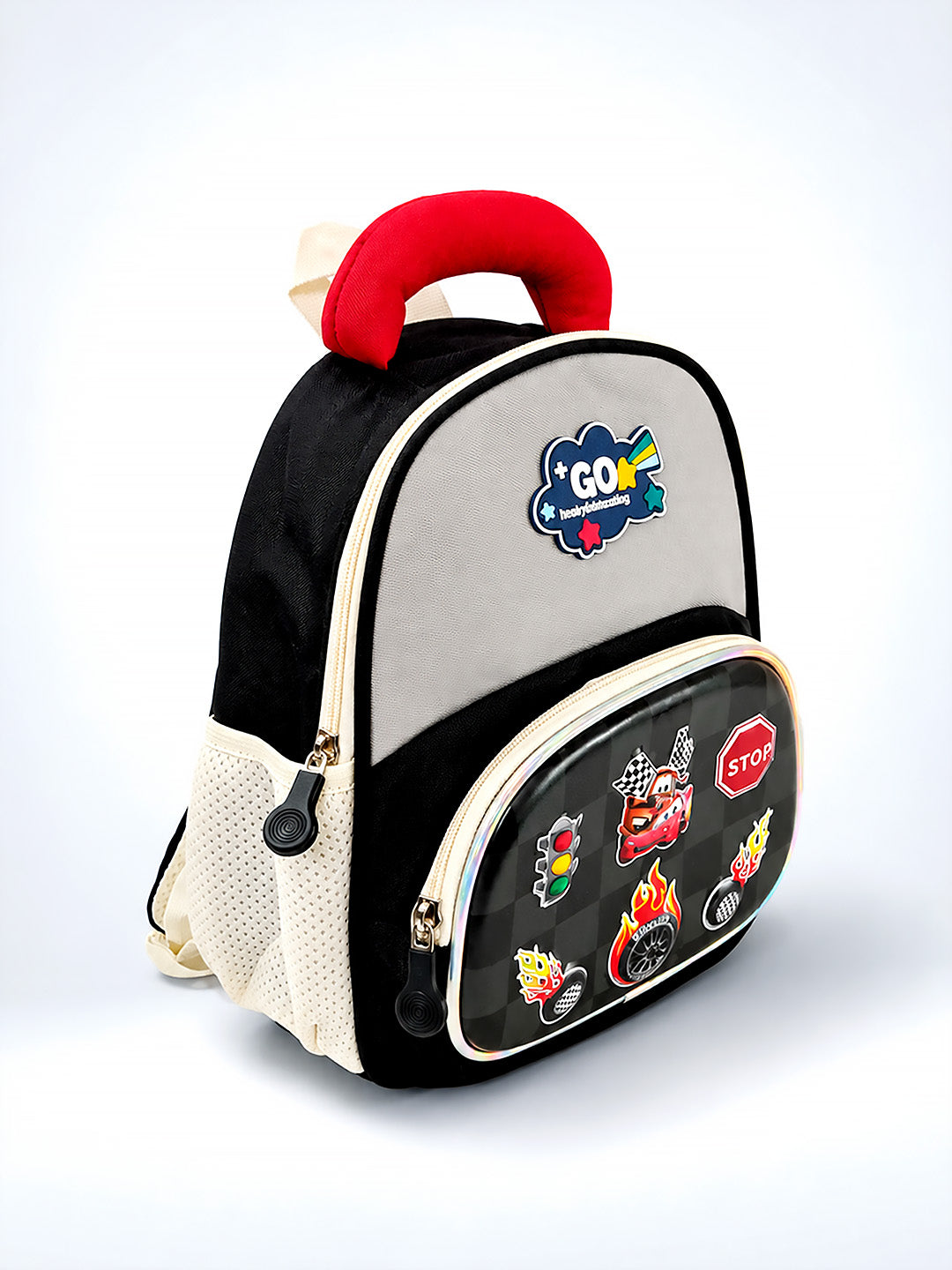 Racing Car Kids Backpack with 3D Front Pocket & Padded Handle – Black & Grey