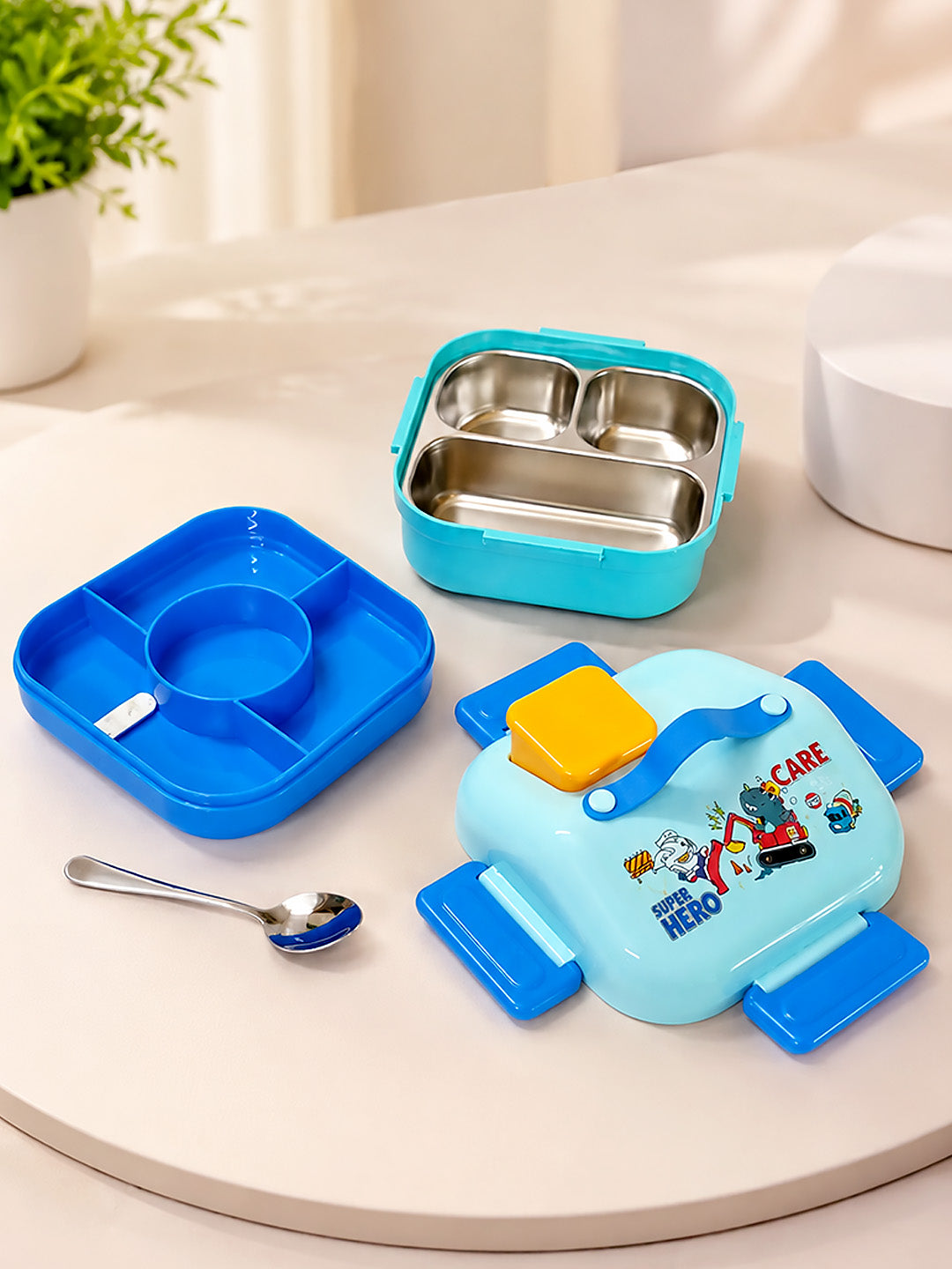 Super Hero 2-Tier Kids Lunch Box | Stainless Steel | Leak-Proof | Sauce Box & Spoon Included