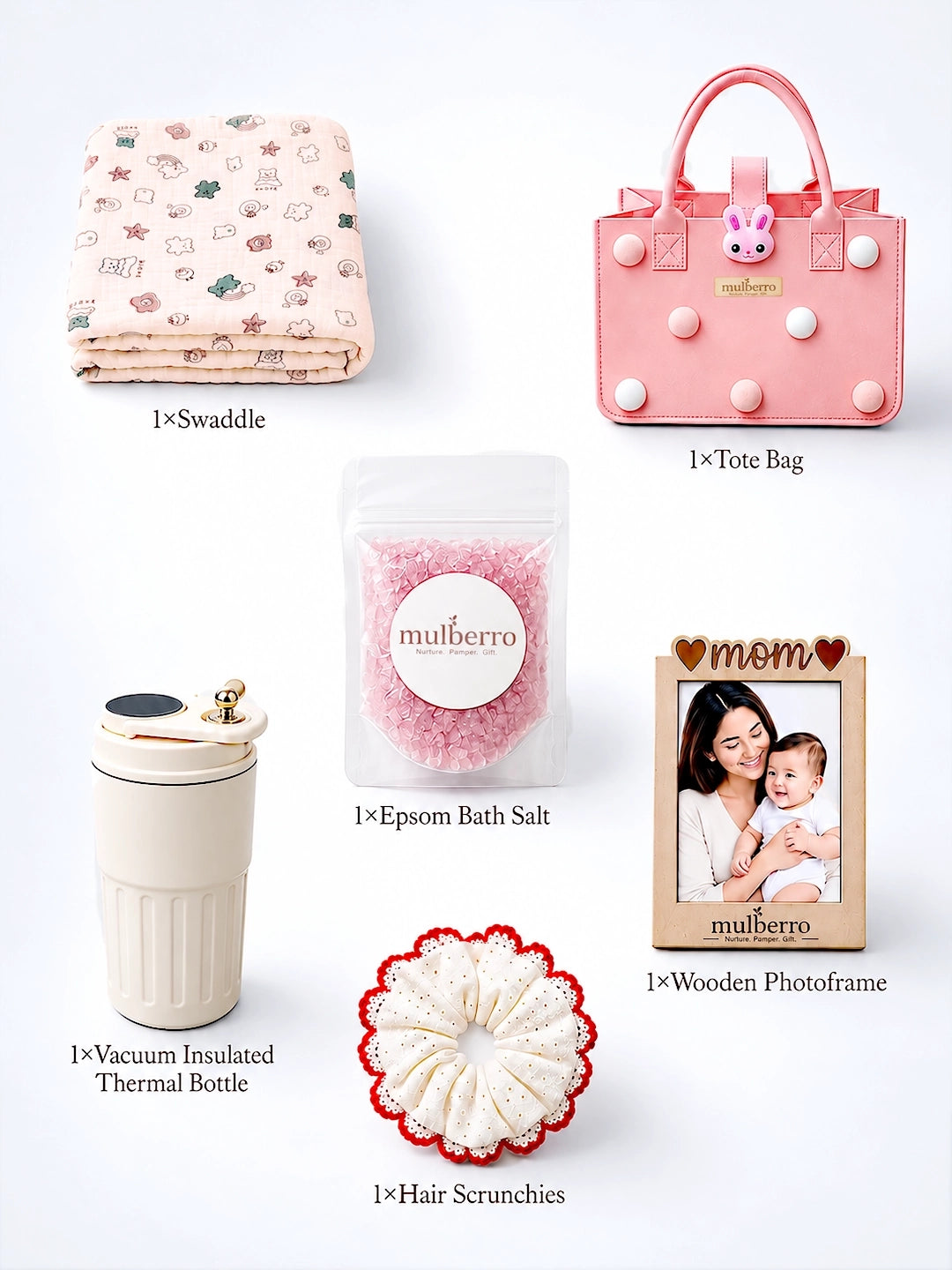 New Mom 6-Piece Baby Shower Gift Hamper | Pink Bunny Felt Tote Bag