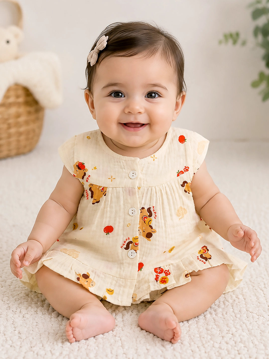 Happy Pony Baby Girl Frock | Muslin Cotton | Flutter Sleeve & Ruffle Hem | 0–6 Months