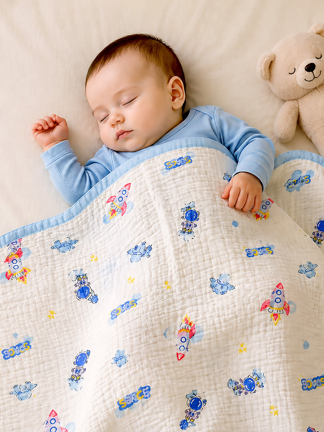Space Adventure 6-Layer Muslin Cotton Baby Blanket | All-Season | 110×110 cm