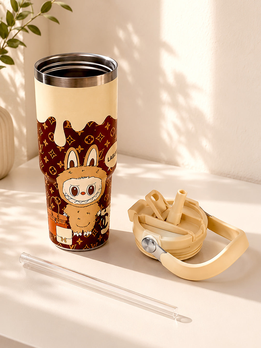 Labubu Monogram Stainless Steel Kids Tumbler | Dual Lid & Carry Handle