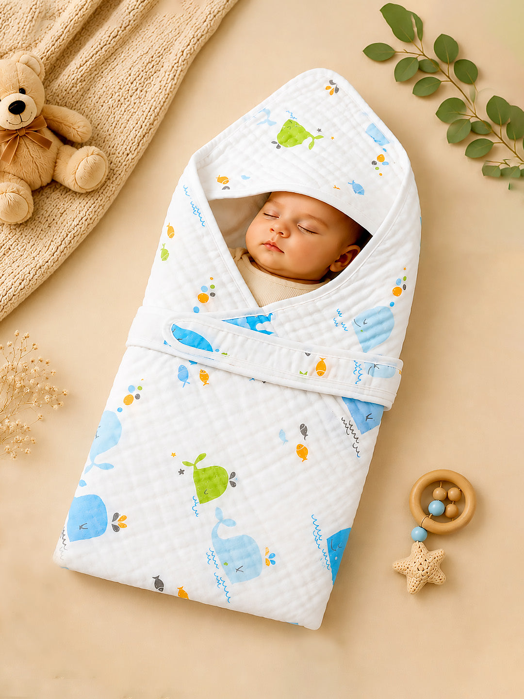 Happy Whales Hooded Swaddle Blanket | 6-Layer Muslin Cotton | Newborn Wrap