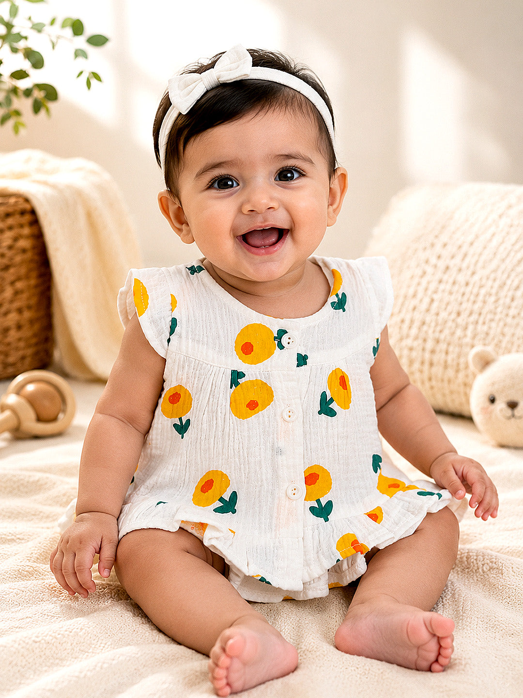 Sunny Flower Baby Girl Muslin Frock | Sleeveless Flutter Sleeve Dress with Ruffle Hem | Button Front