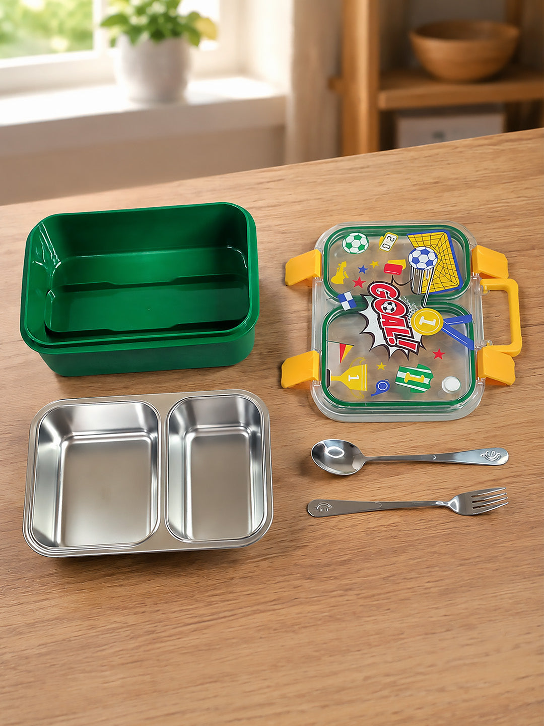 Football Goal Kids Stainless Steel Lunch Box with Cutlery