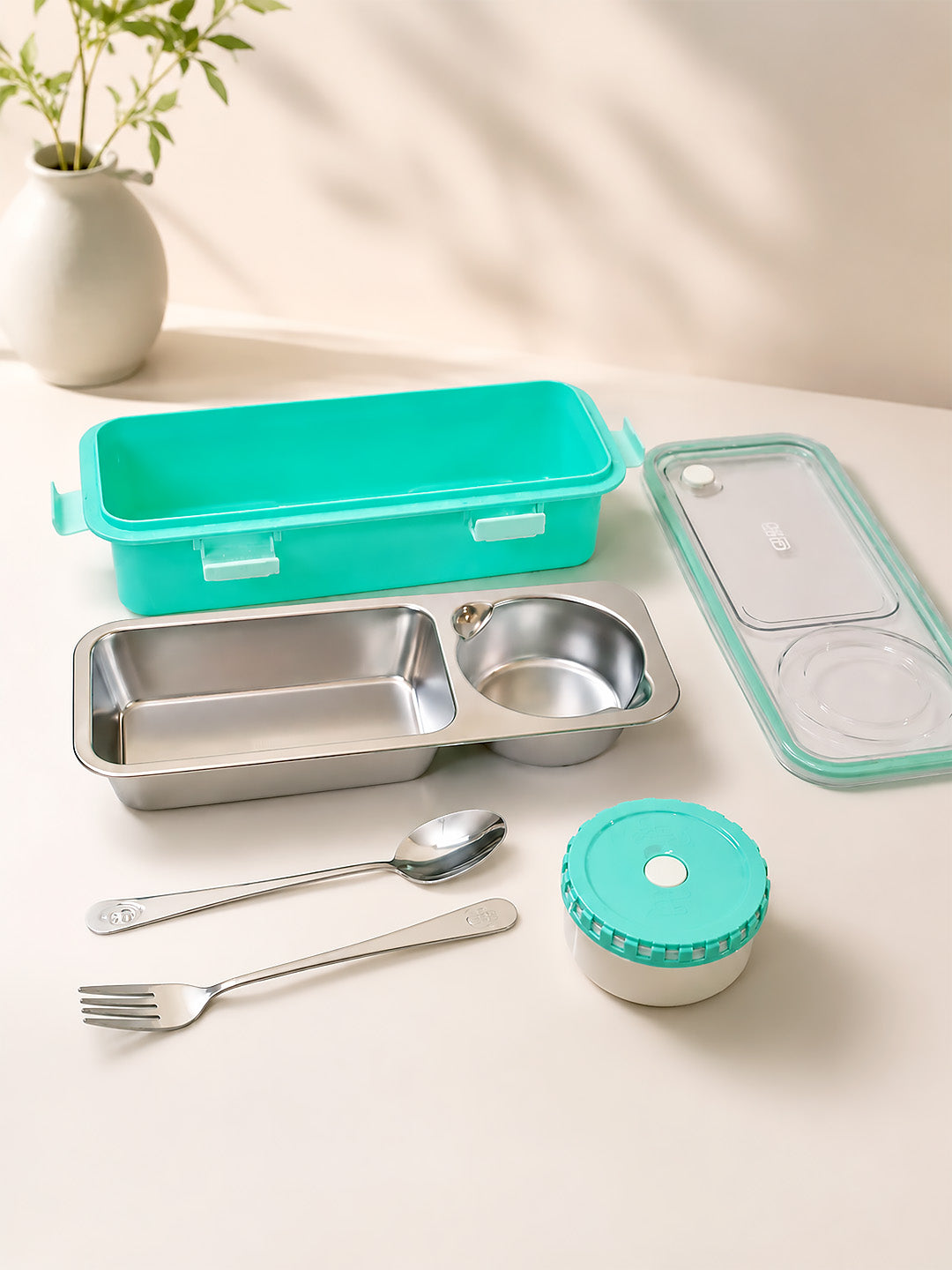 2-Compartment Kids Stainless Steel Lunch Box | Leak-Proof | Fork, Spoon & Sauce Container Included