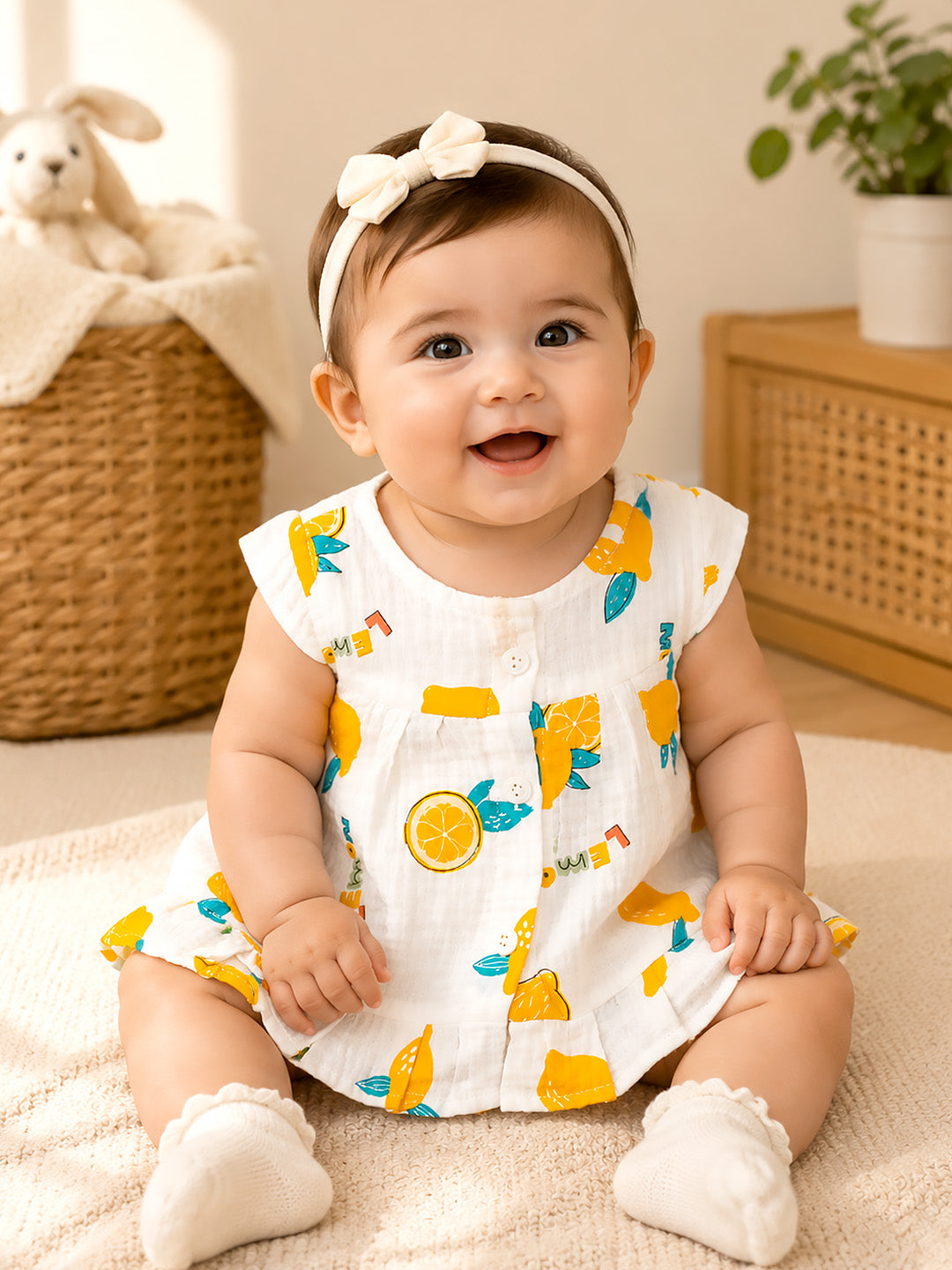 Lemon Print Baby Girl Muslin Frock | Sleeveless Flutter Sleeve Dress | Button Placket & Ruffle Hem