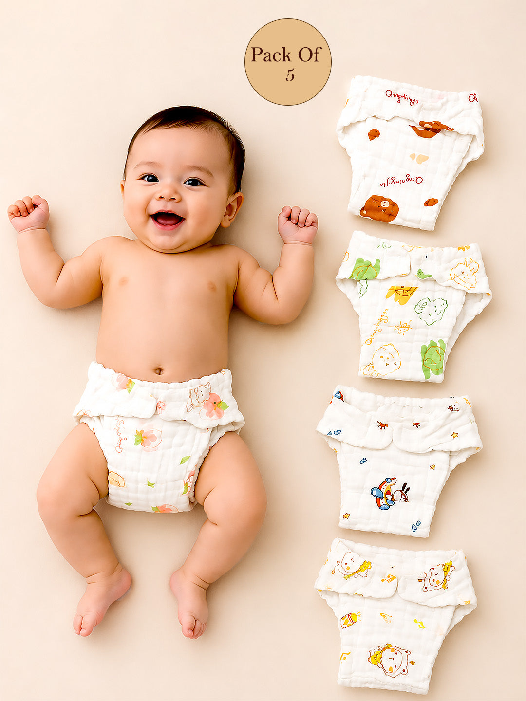 4-Layer Muslin Cloth Nappy | Cute Prints | Pack of 5 | 100% Pure Cotton | Reusable Baby Diaper