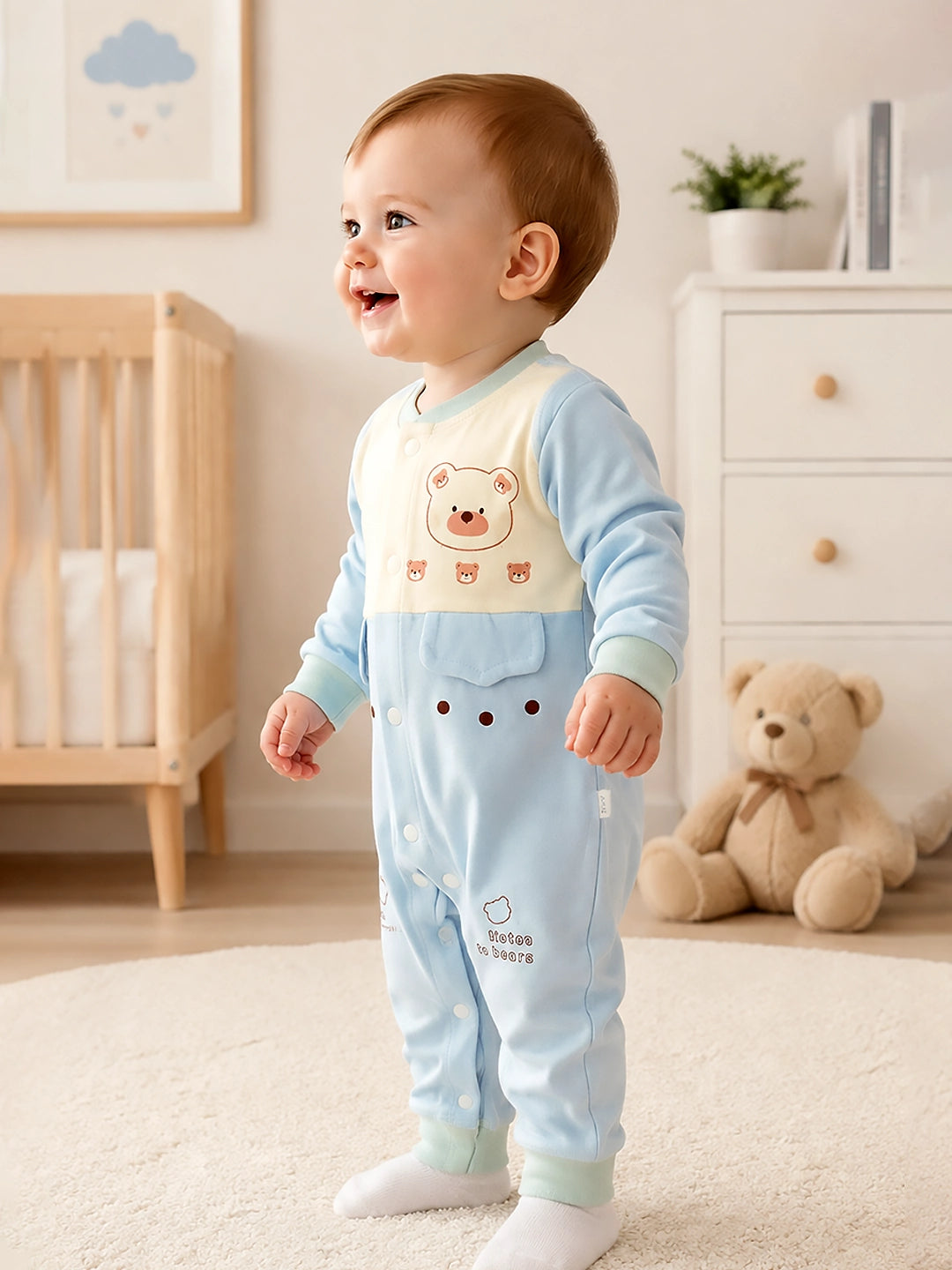 Bear Embroidery Baby Romper | Full Sleeve | Snap Button | Footless | 0–12 Months