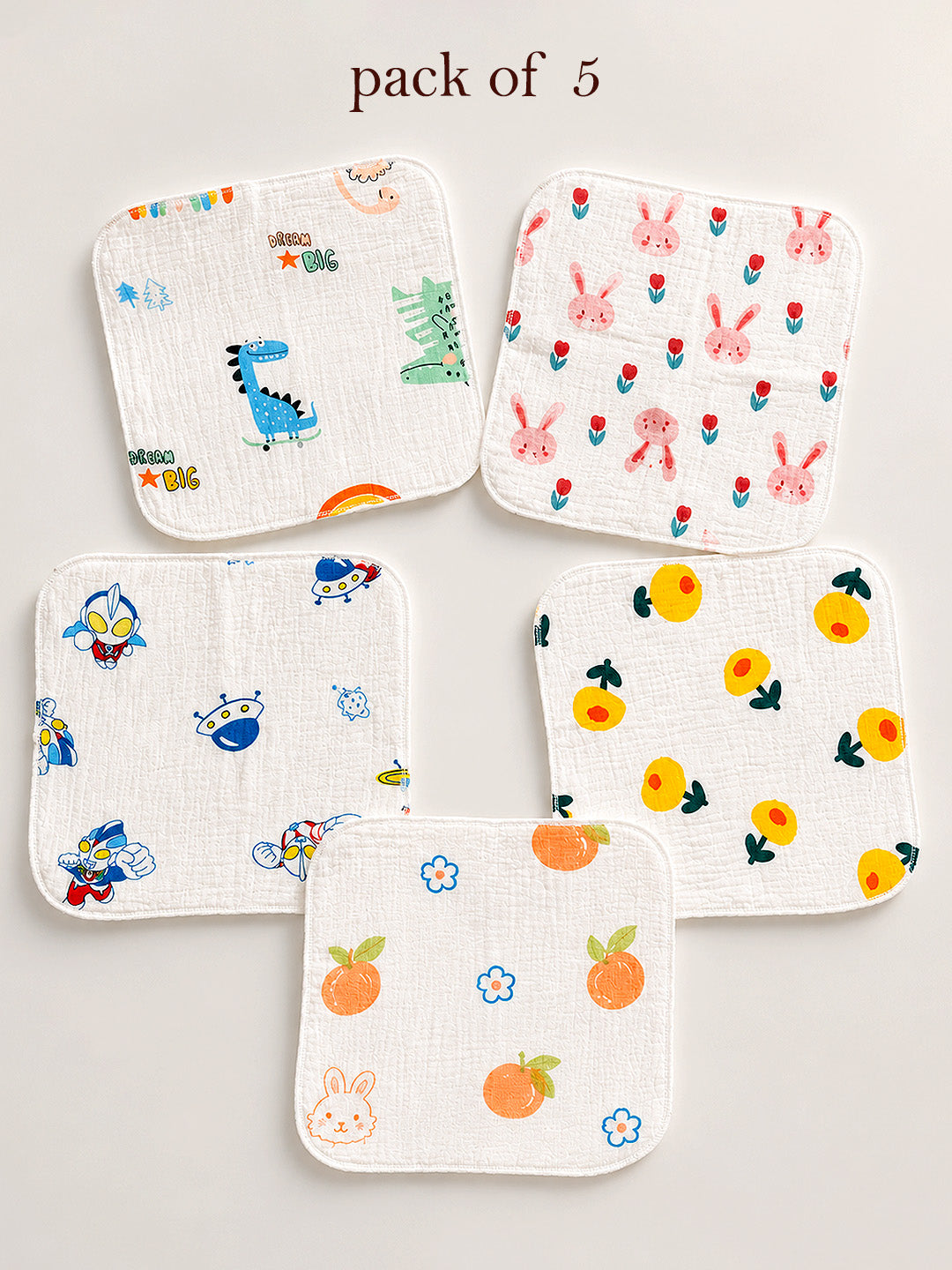 Cartoon Print Muslin Face Towel | Set of 5 | Pure Cotton | 0–3 Yrs