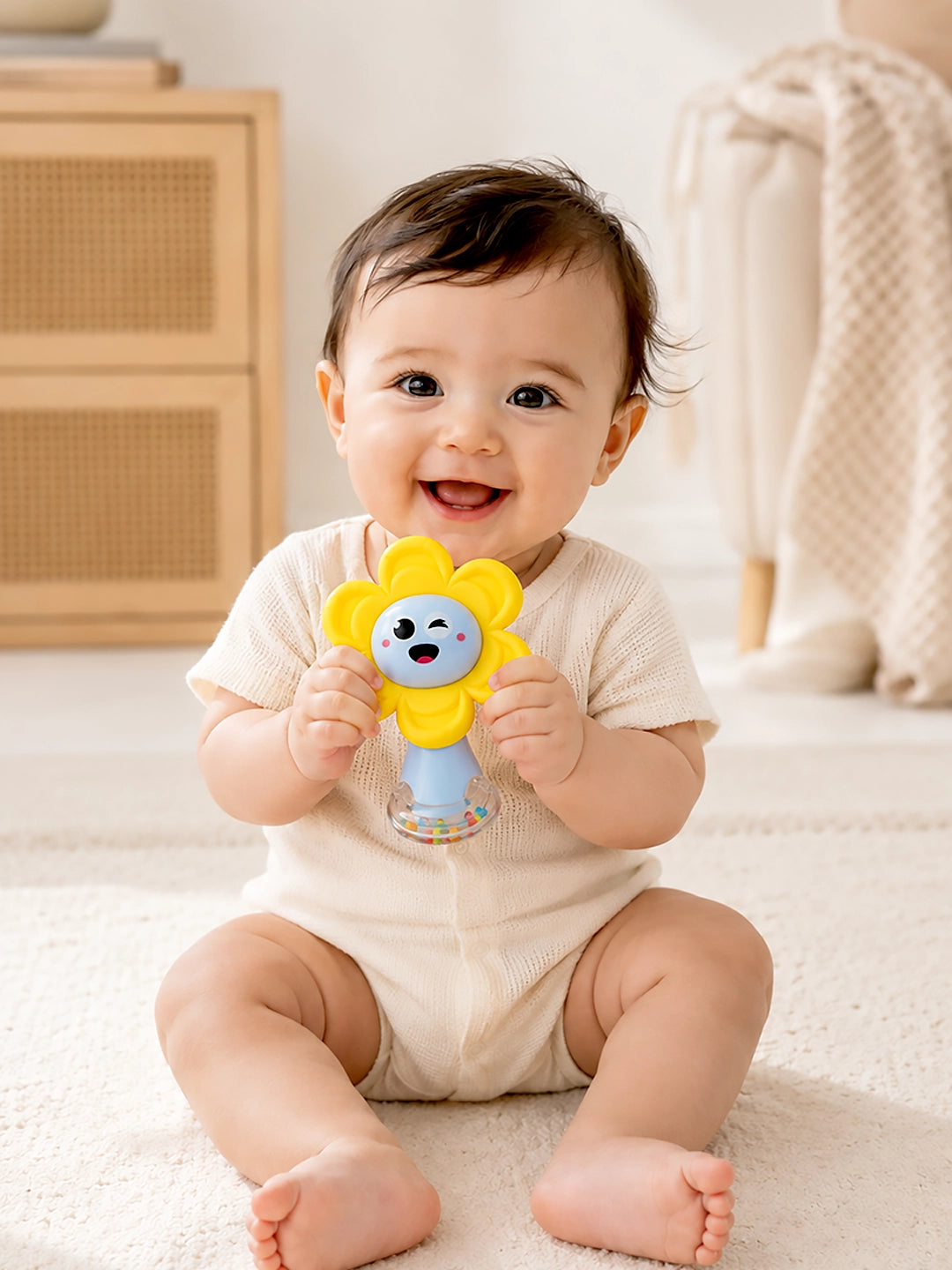 Yellow Sunflower Silicone Teether & Sensory Rattle | 2-in-1 Baby Toy | 0M+
