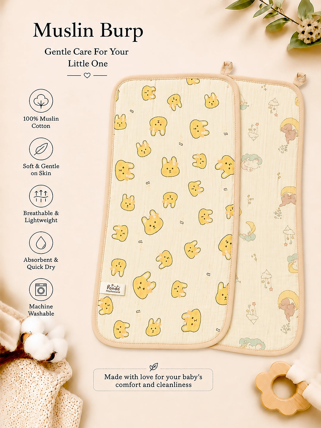 Bear & Bunny Print Muslin Burp Cloth | Set of 2 | 100% Muslin Cotton |