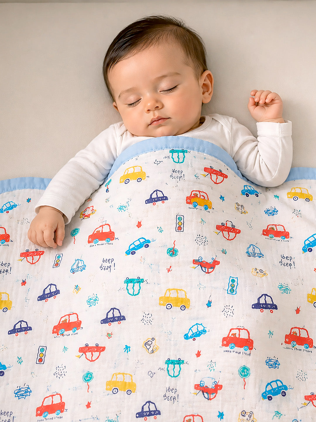 Beep Beep Cars 6-Layer Muslin Cotton Baby Blanket | All-Season | 110×110 cm