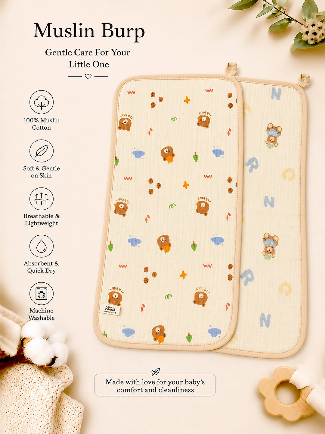 Bear Print Muslin Burp Cloth | Set of 2 | 100% Muslin Cotton |