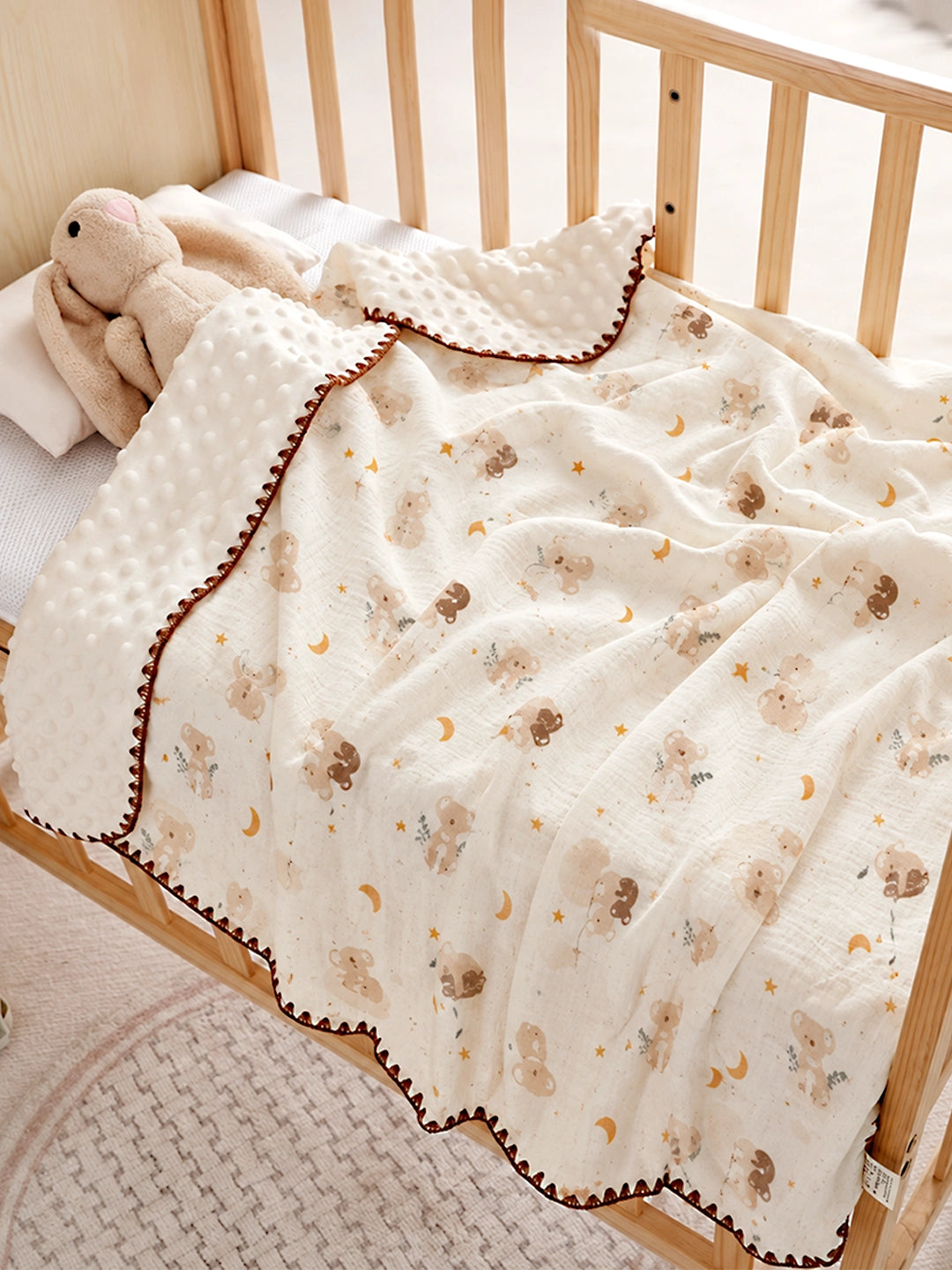 Dreamy Koala & Stars Super Soft Muslin Cotton Baby Blanket | All-Season | Ivory & Gold | 102×102 cm