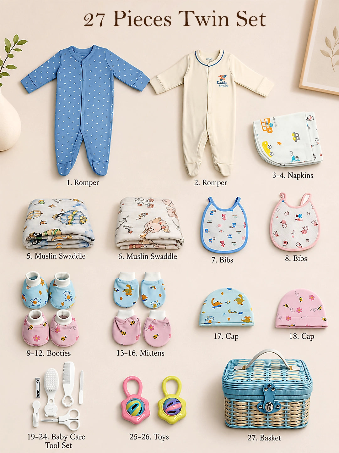 27-Piece Newborn Twin Baby Gift Hamper | Pure Cotton | Unisex | 0–6 Months