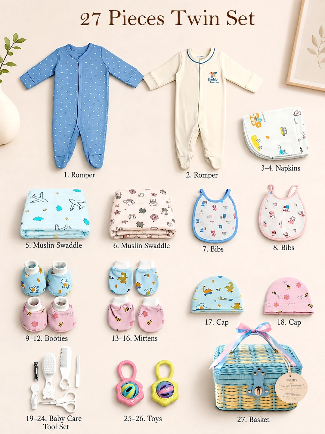 Newborn | Welcome Baby |27-Piece Twin Baby Gift Set | Cane Basket | Baby Boy & Girl | 0–6 Months