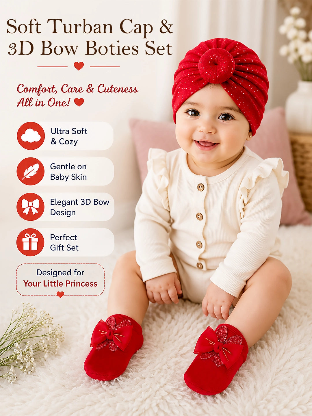 Red Sparkle Turban Cap & 3D Bow Booties Set | Soft Baby Girl Gift Set