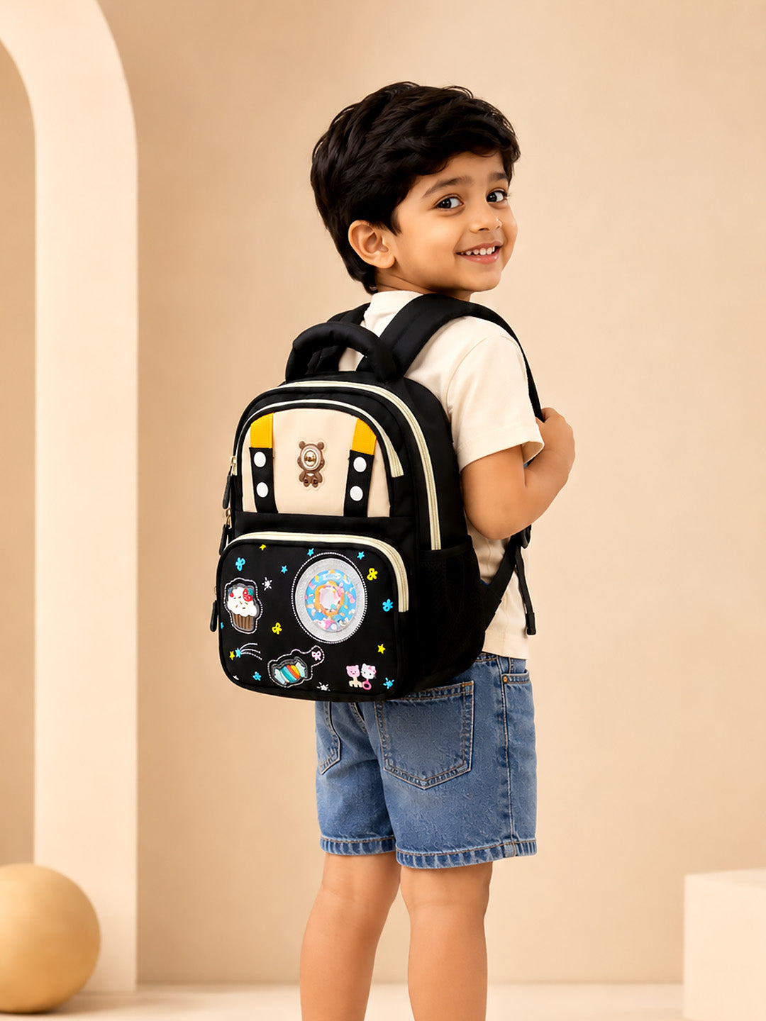 Kids LED Bear School Backpack – Black & Beige Cupcake Patch