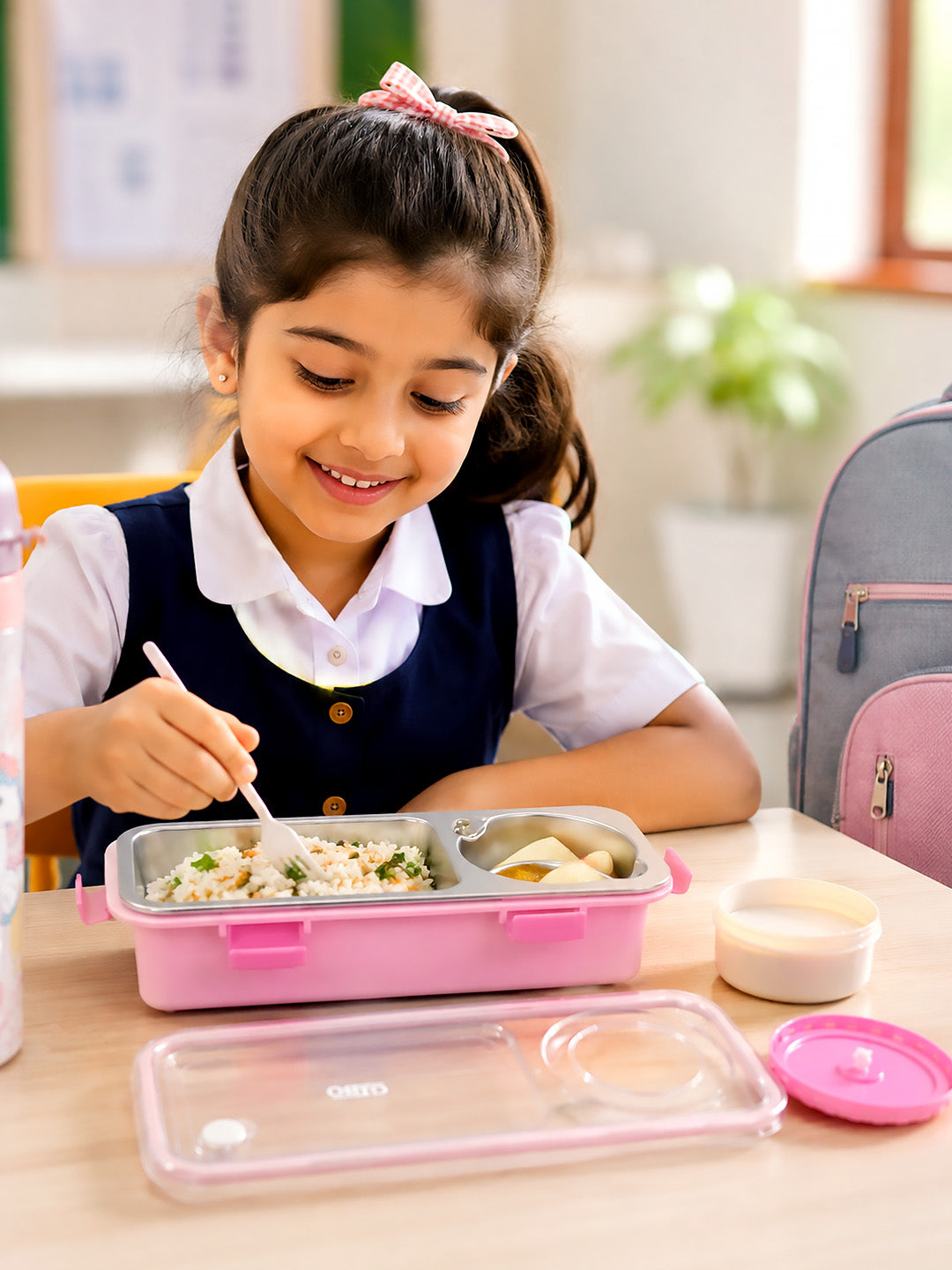 Pink 2-Compartment Stainless Steel Kids Lunch Box | Leak-Proof | Fork, Spoon & Sauce Container Included