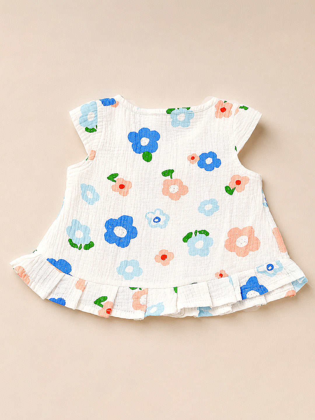 Blue Flower Baby Girl Muslin Frock | Sleeveless Button-Front Dress with Ruffle Hem
