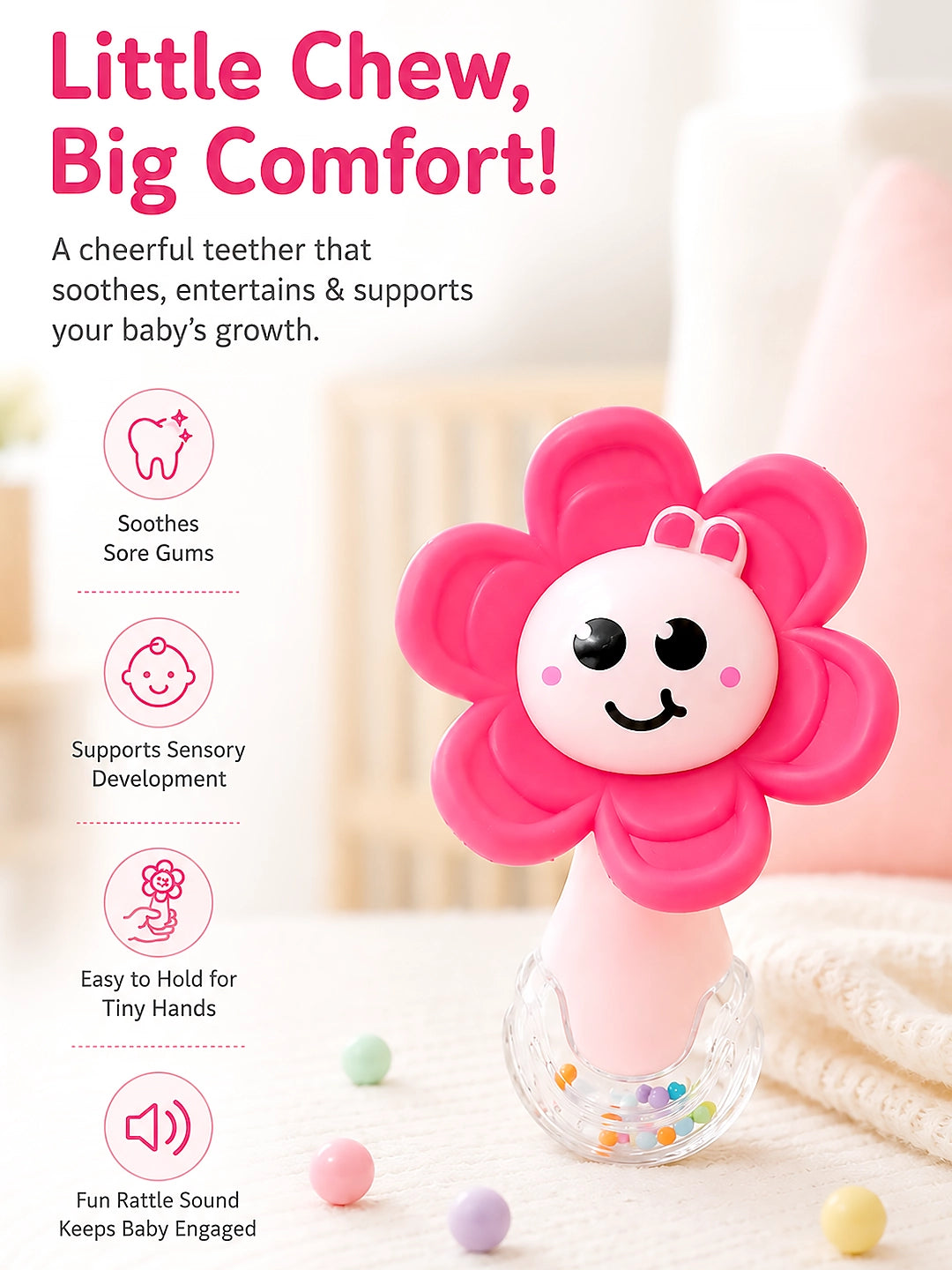 Pink Flower Silicone Baby Teether with Rattle | 2-in-1 Sensory Rattle Teether | 0M+