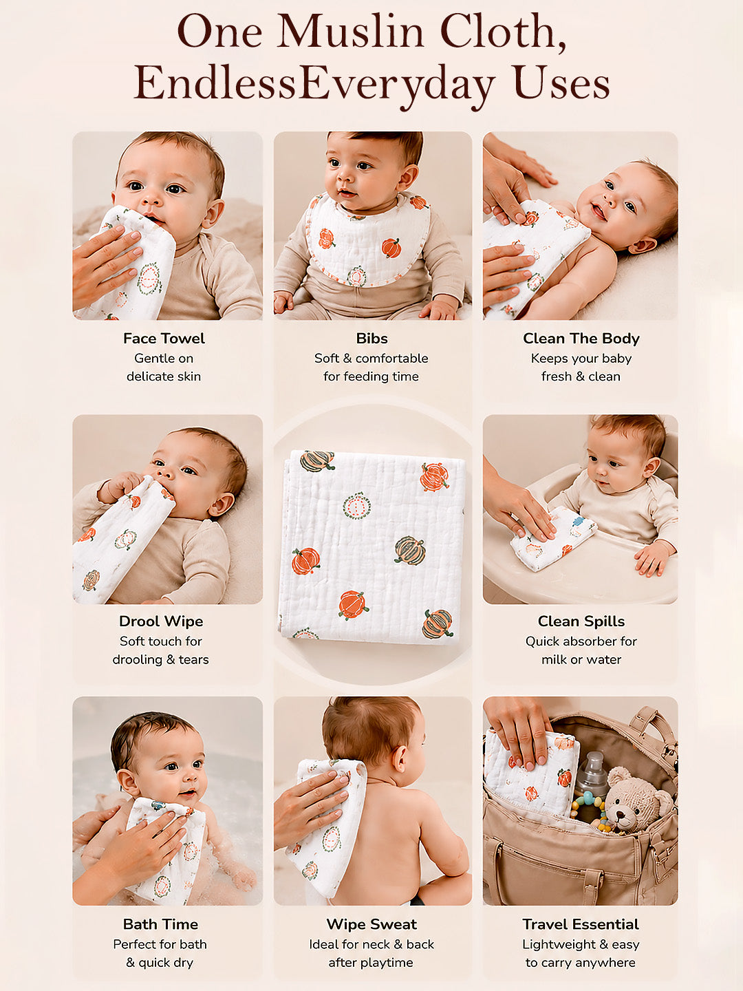 Dino, Pumpkin & Yummy Print 6-Layer Muslin Face Towel | Set of 3 | Pure Cotton | 0–3 Yrs