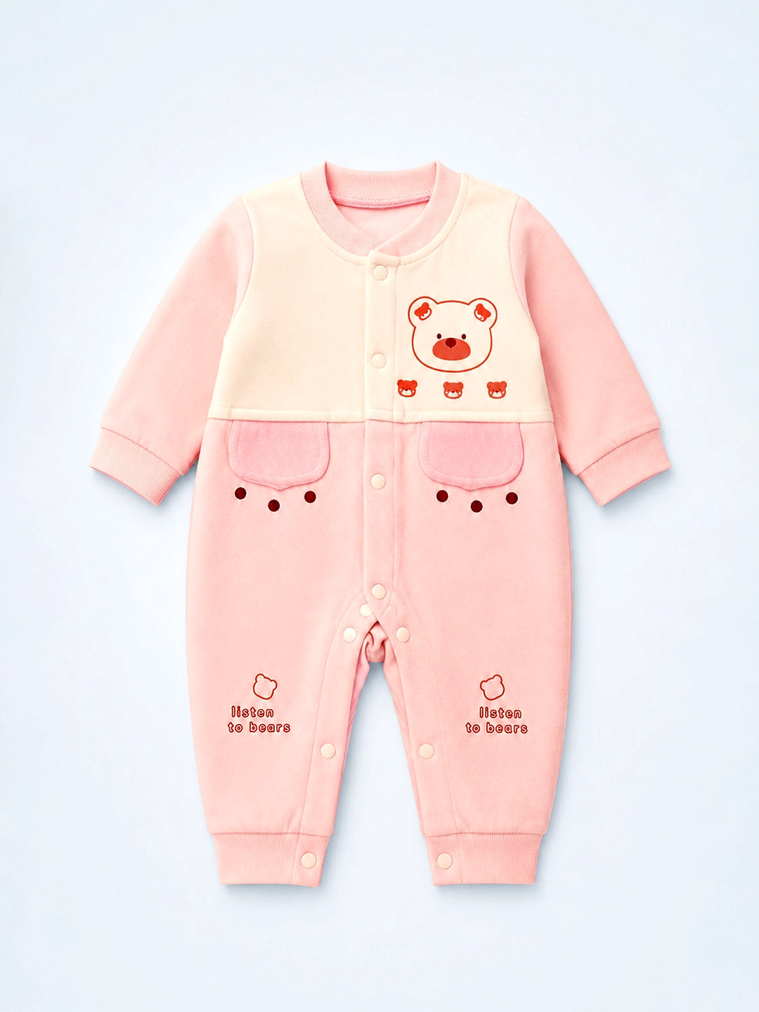 Bear Print Baby Romper | Full Sleeve | Snap Button | Footless | Soft Cotton | 0–12 Months
