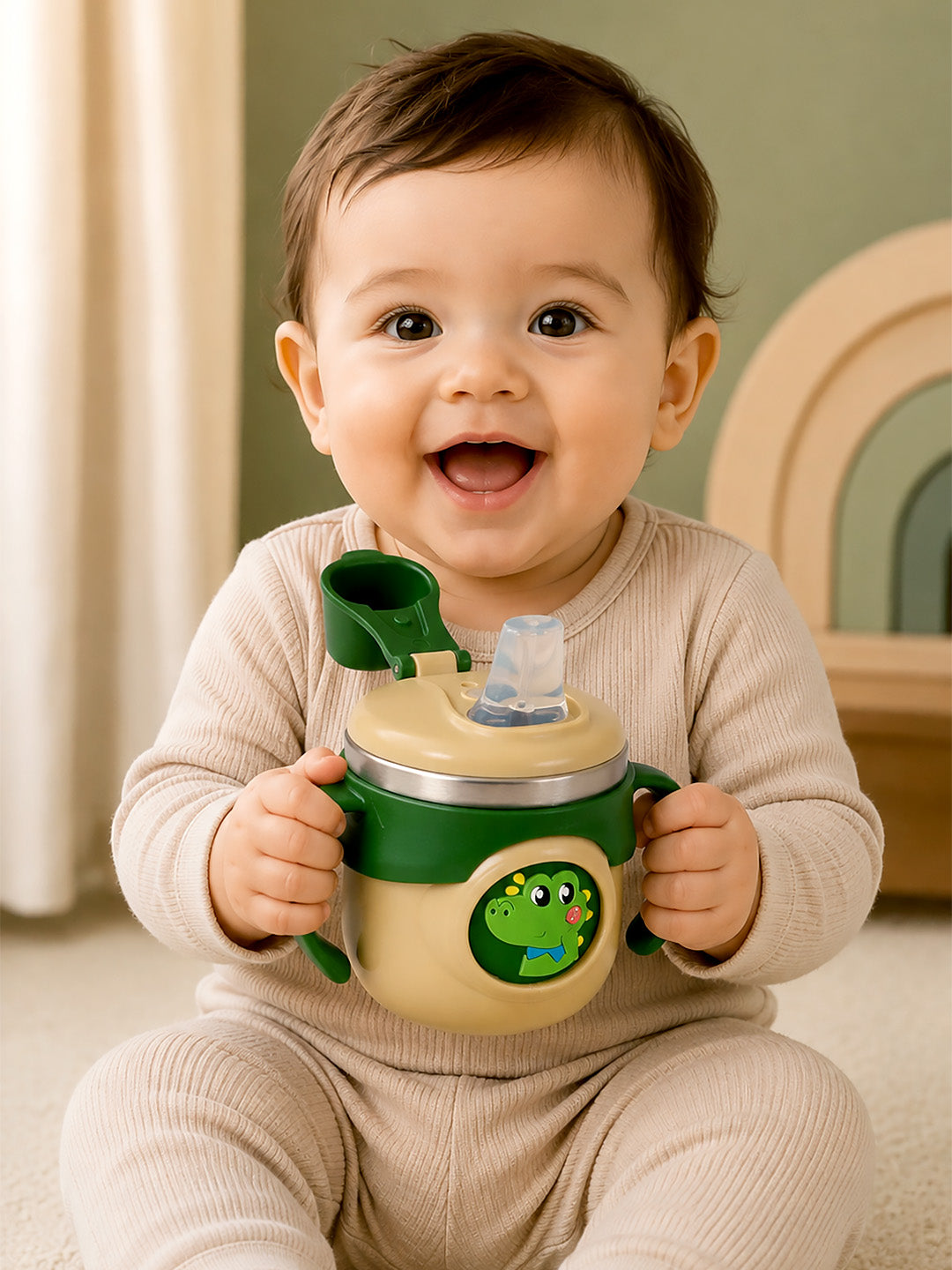 Dinosaur Stainless Steel Sipper Bottle for Babies & Toddlers — 250ml | Spill-Proof Spout & Dual Handles