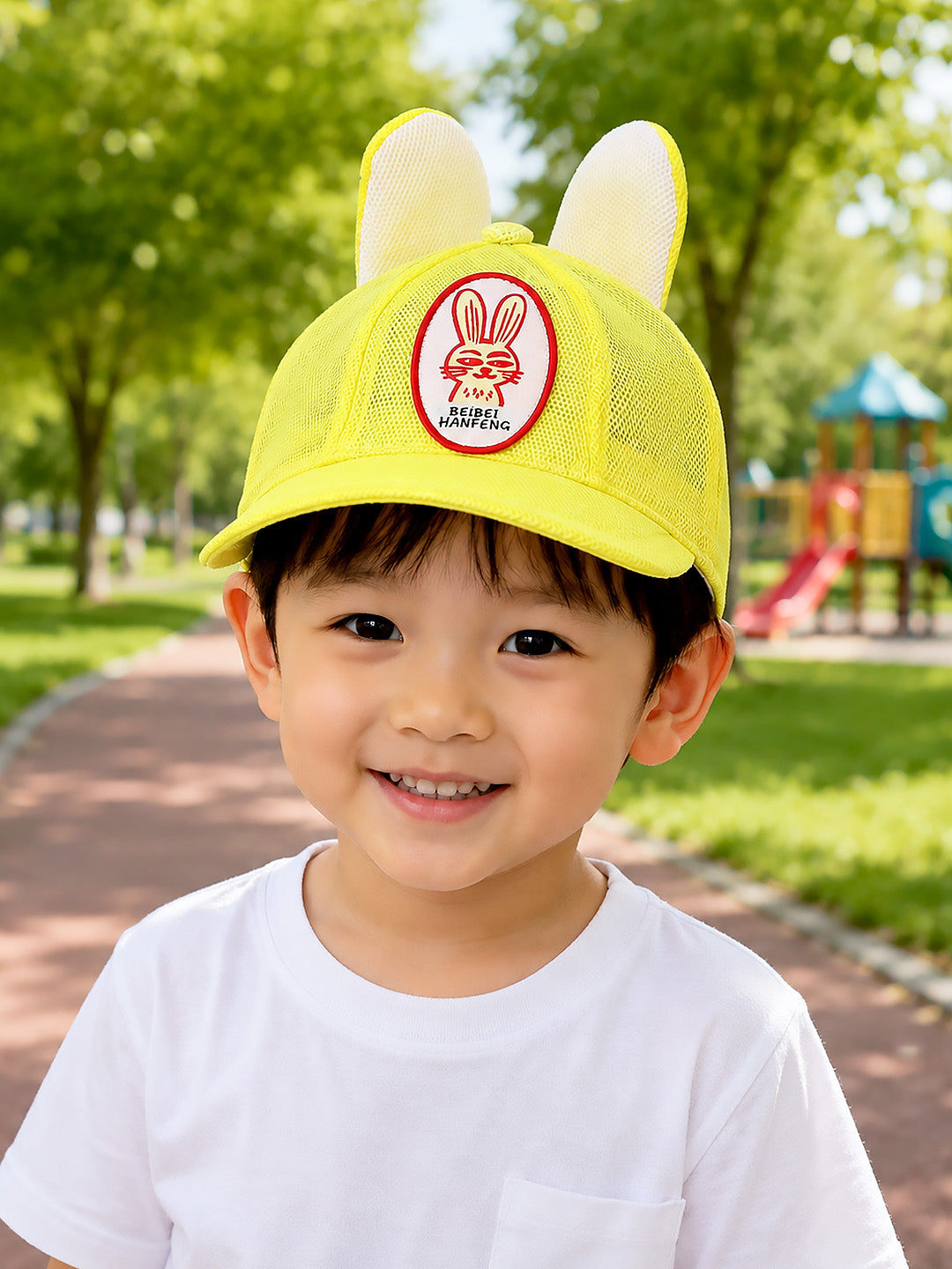 Yellow 3D Bunny Ears Kids Cap | Mesh Fabric | Adjustable Fit | 2–6 Years