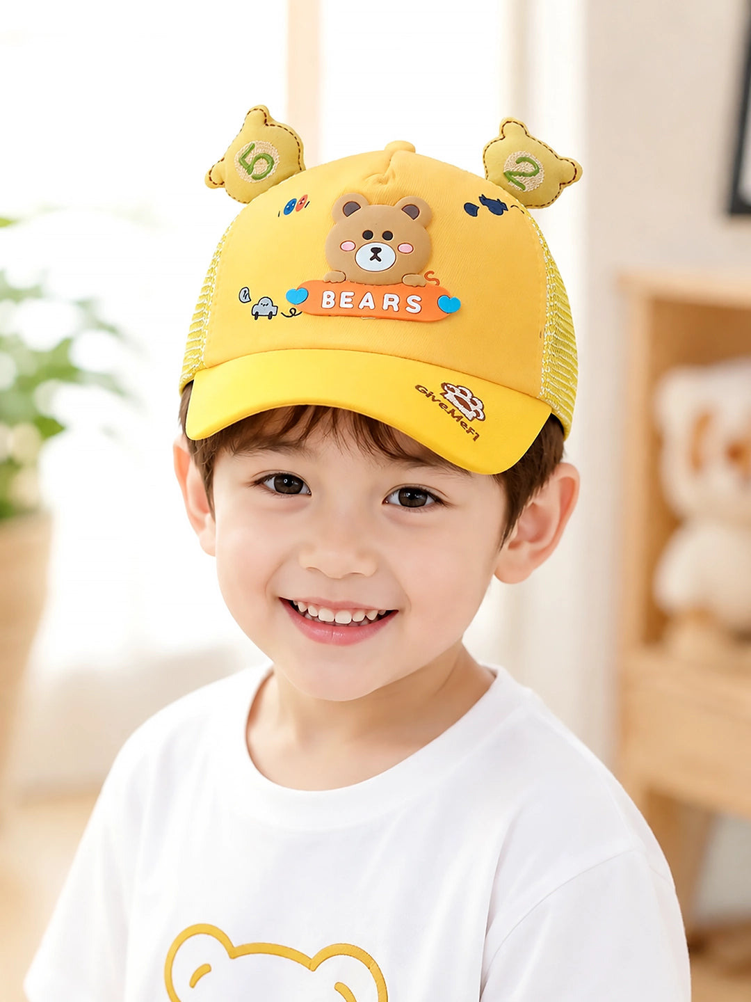 Yellow 3D Bear Kids Cap with Bear Ears | Adjustable Snapback | 2–6 Years