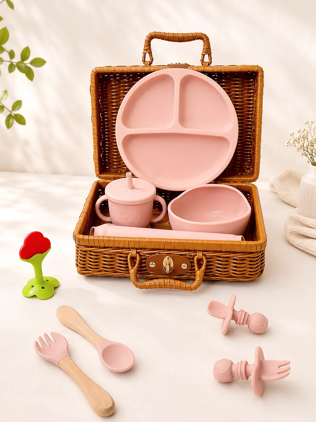 11-Piece Little Foodie Baby Weaning Gift Hamper | Silicone Feeding Set | Cane Basket | 0-24 Months