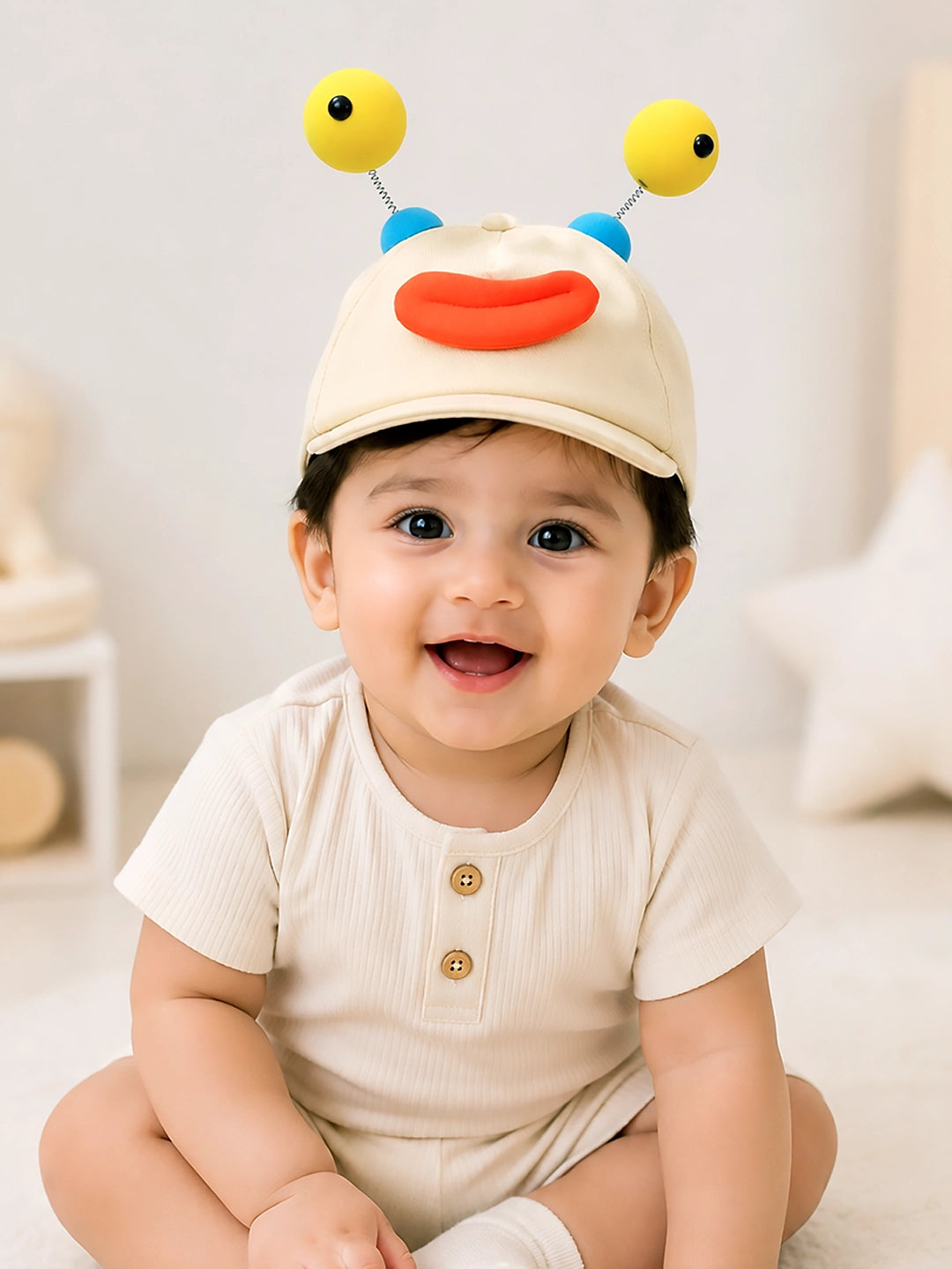 Beige 3D Alien Monster Baby Cap | Wobbly Eyeball Antennas & Adjustable Strap | 2–6 Years