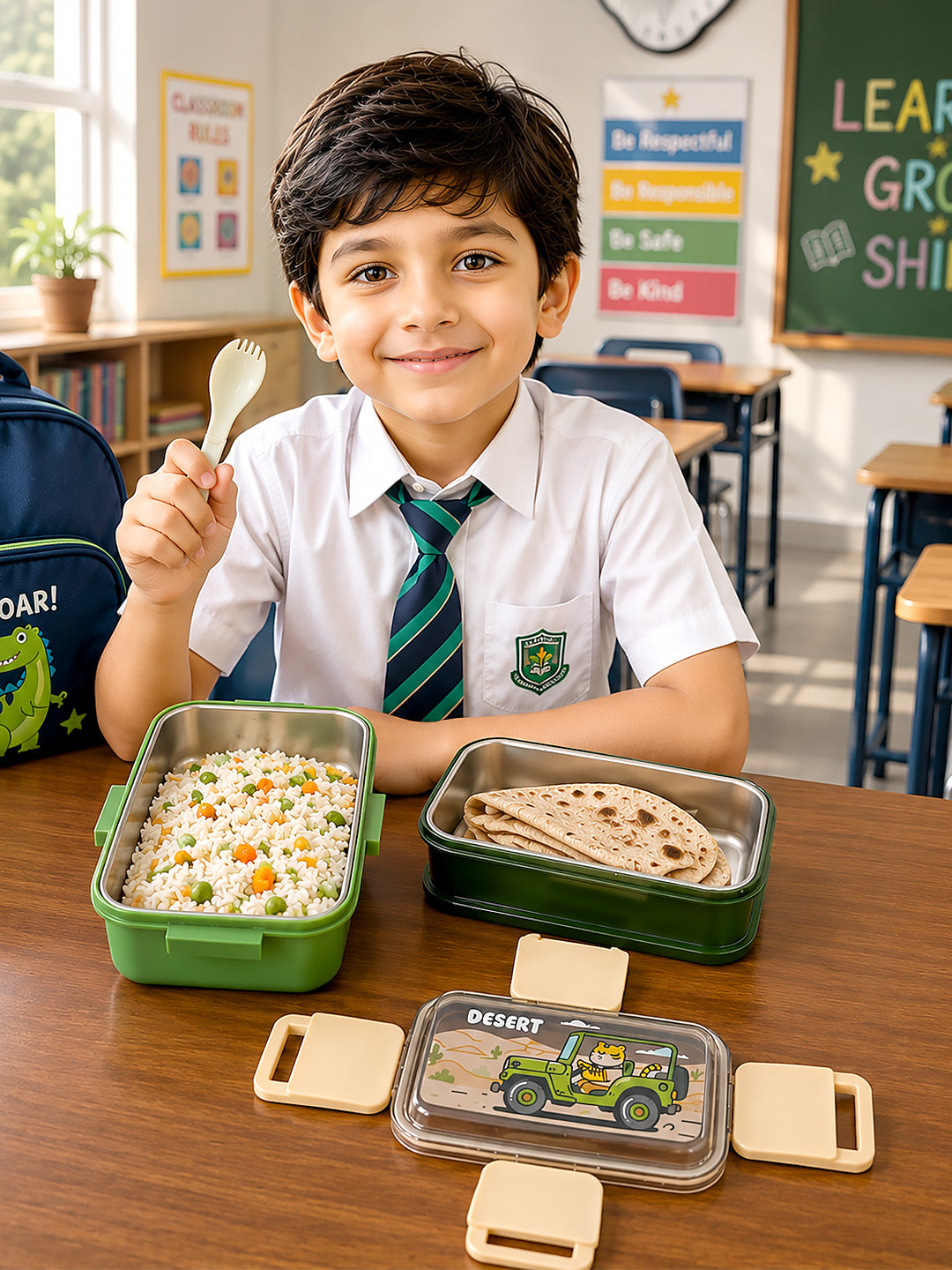 Desert Tiger 2-Tier Kids Lunch Box | Stainless Steel | Leak-Proof | Spork & Sauce Box Included