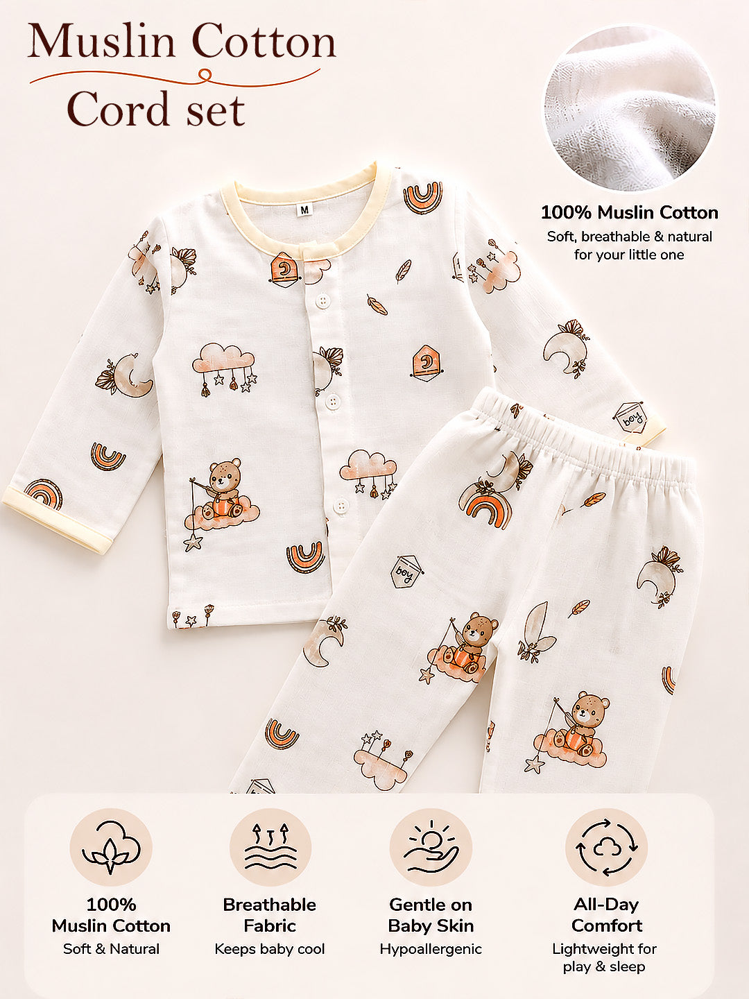 Rainbow Bear Baby Co-ord Set | 100% Muslin Cotton | Full Sleeve Top & Full Pants | 0–12 Months