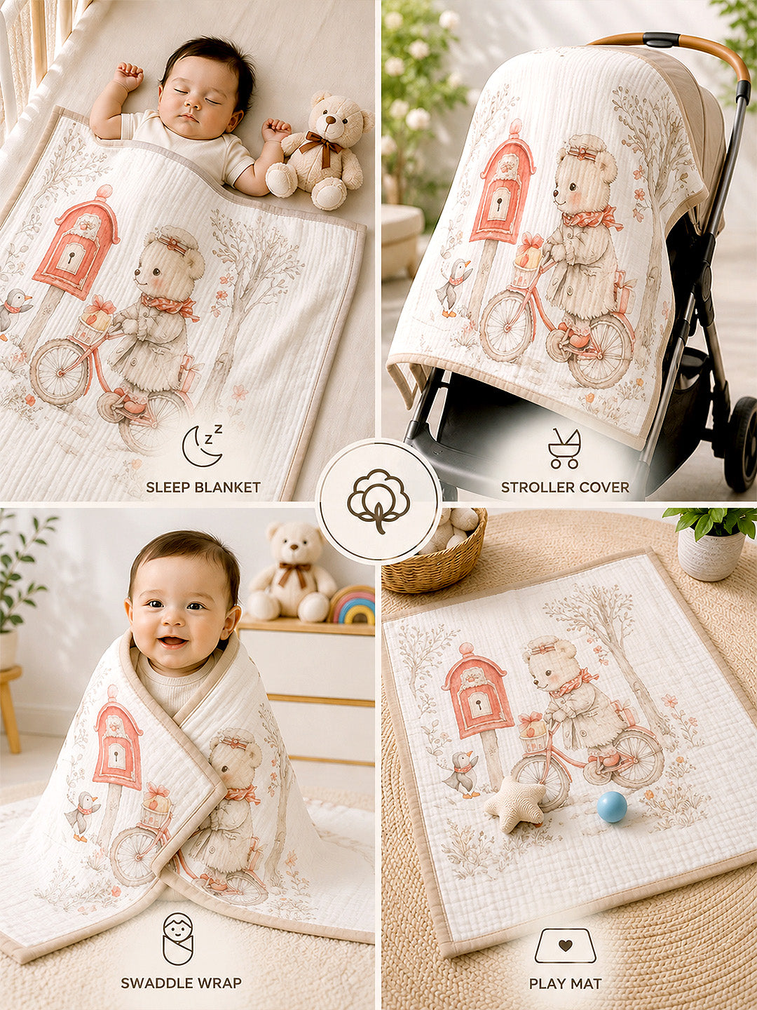 Postman Bear 6-Layer Muslin Cotton Baby Blanket | All-Season | 102×102 cm