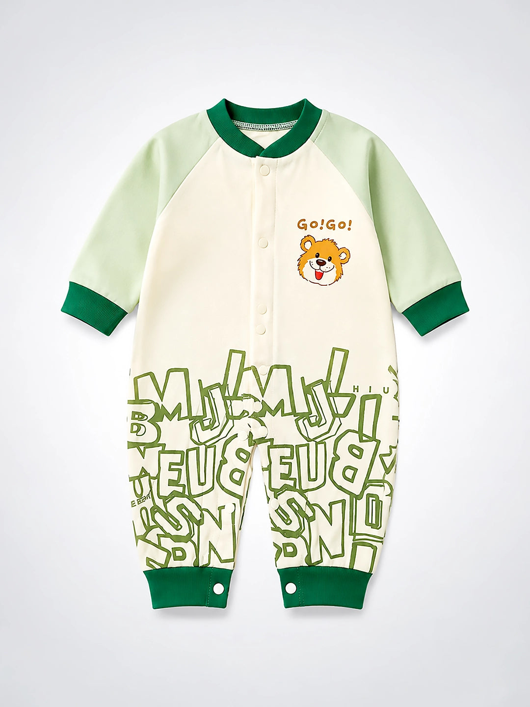 Green Bear Baby Romper | Full Sleeve | Snap Button | Footless | Premium Cotton | 0–12 Months
