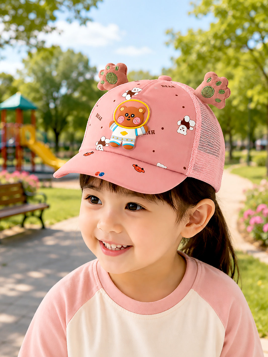 Pink 3D Space Bear Kids Cap | Bear Paw Ears | Adjustable Snapback | Girls 2–6 Years