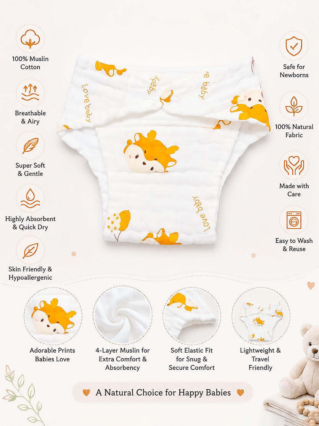 4-Layer Muslin Cloth Nappy | Cute Animal Prints | Pack of 5 | 100% Pure Cotton | Reusable