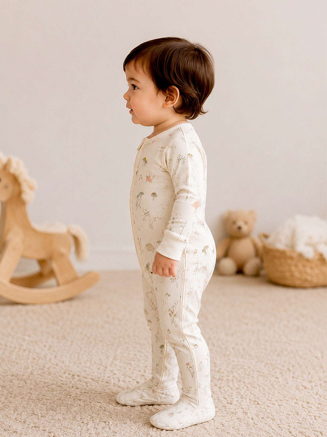 Woodland Friends Baby Romper | Full Sleeve | Two-Way Zipper | With Footies | 100% Organic Cotton | 0–18 Months