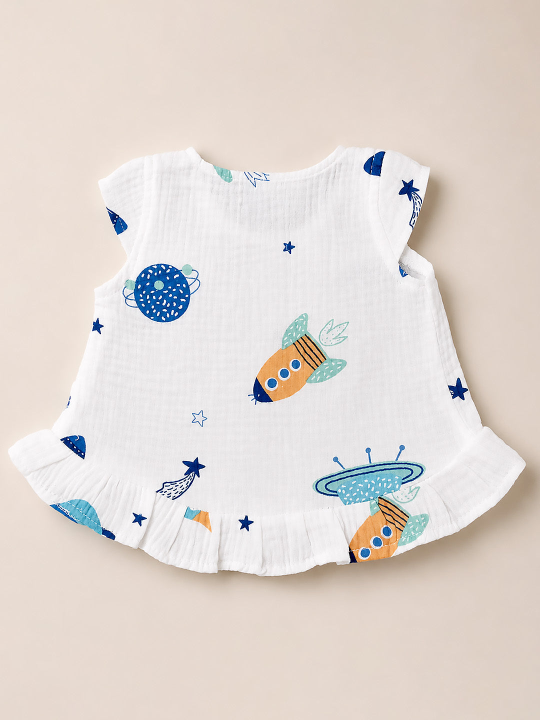 Space Rocket Baby Girl Muslin Frock | Flutter Sleeve | Ruffle Hem | 0–6 Months