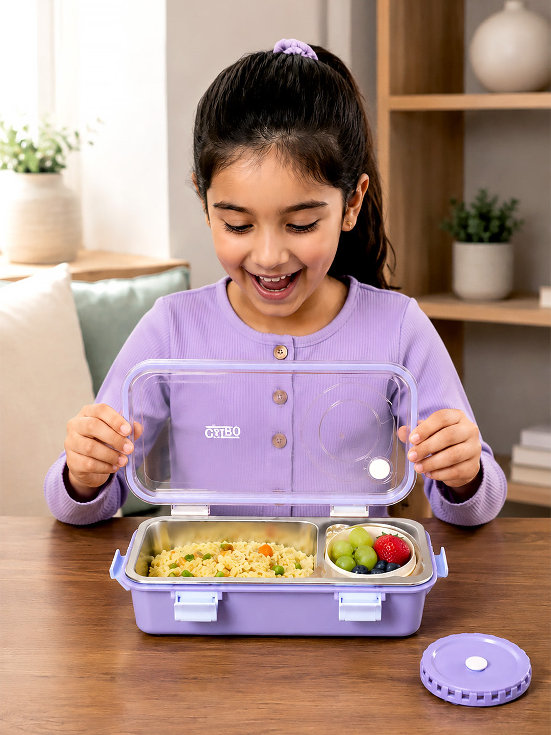 2-Compartment Stainless Steel Kids Lunch Box | Leak-Proof | Sauce Container | Fork & Spoon Included