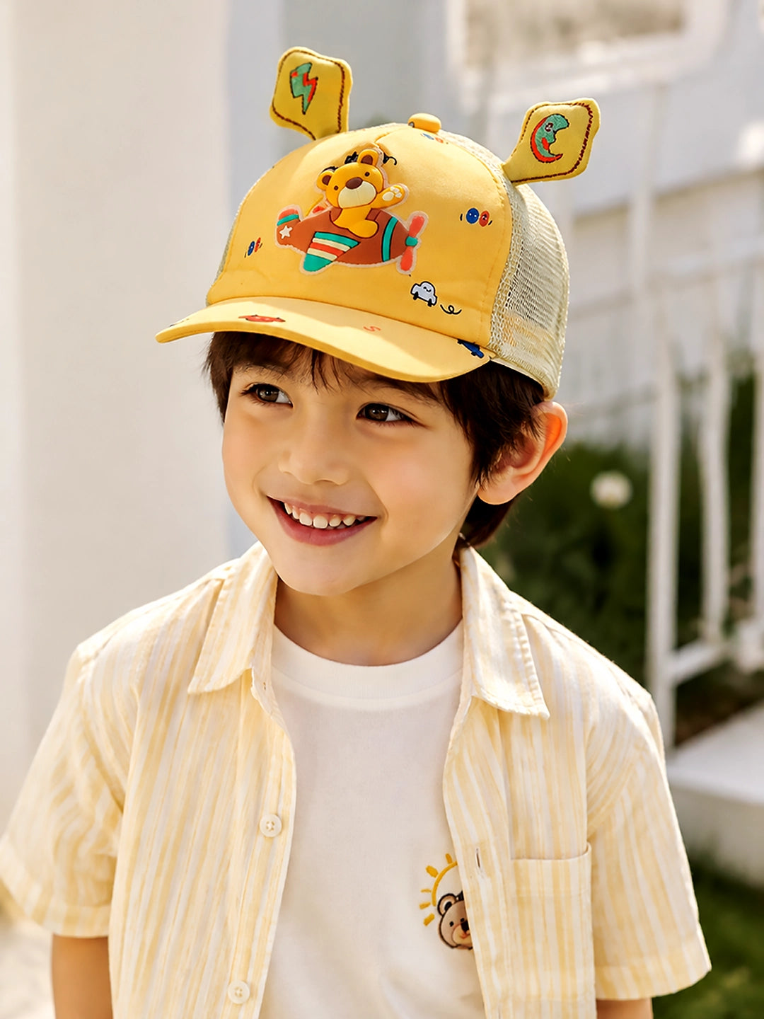 Yellow 3D Bear Kids Cap | Plush Ears & Mesh Back | Adjustable Fit | 2–6 Years