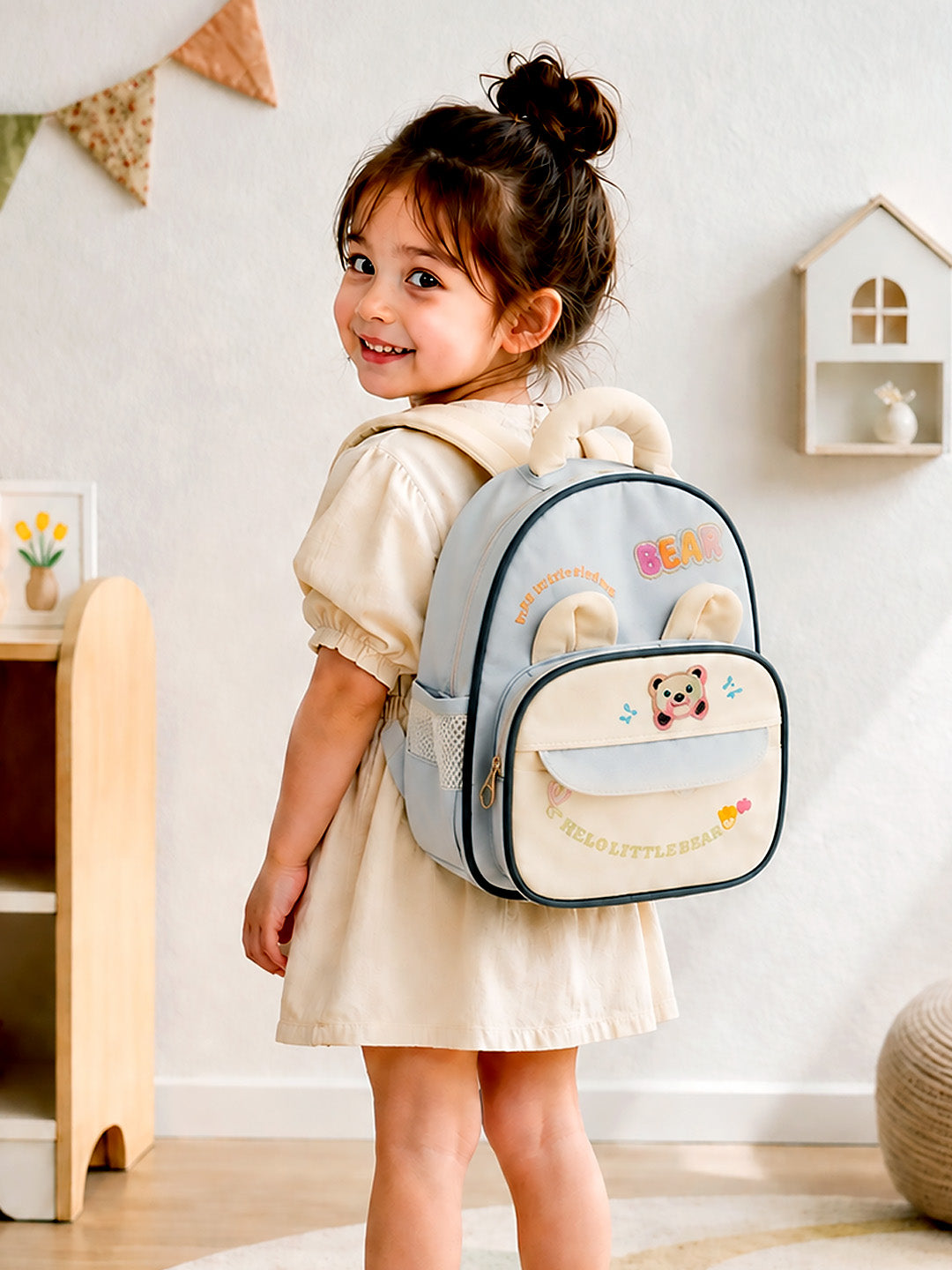 The Lovely Bear Kids Backpack – Blue & Cream Bear-Ear Toddler School Bag