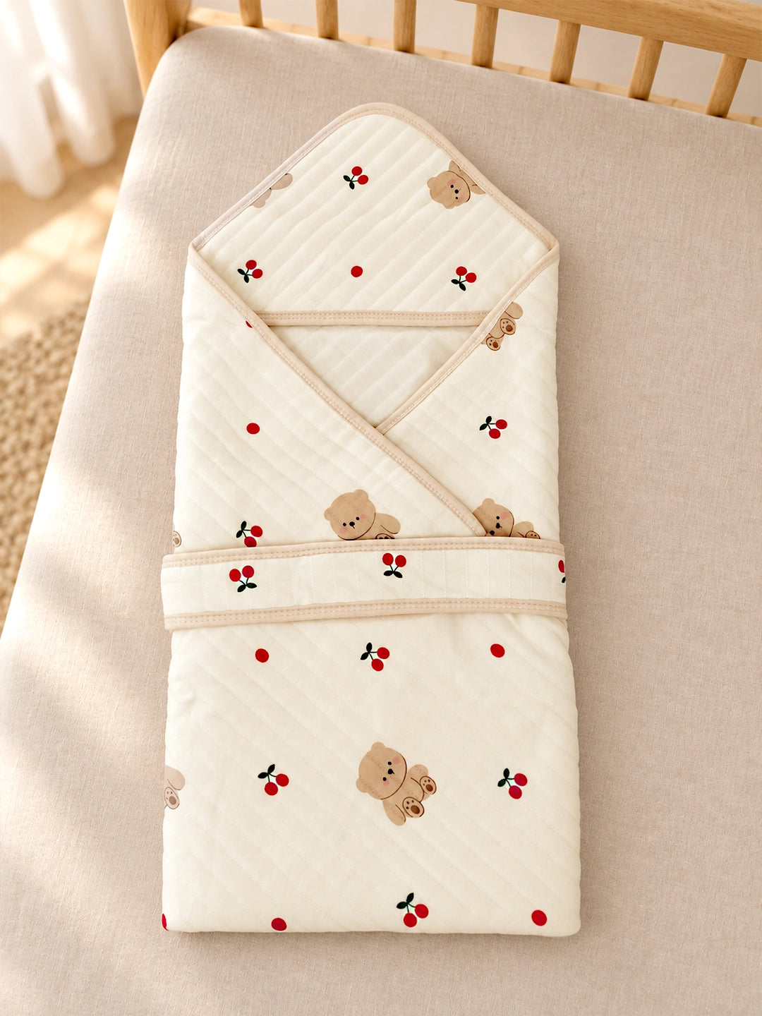 Cherry Bear Ivory 6-Layer Muslin Cotton Baby Swaddle Blanket | 4-in-1 | 85×85 cm