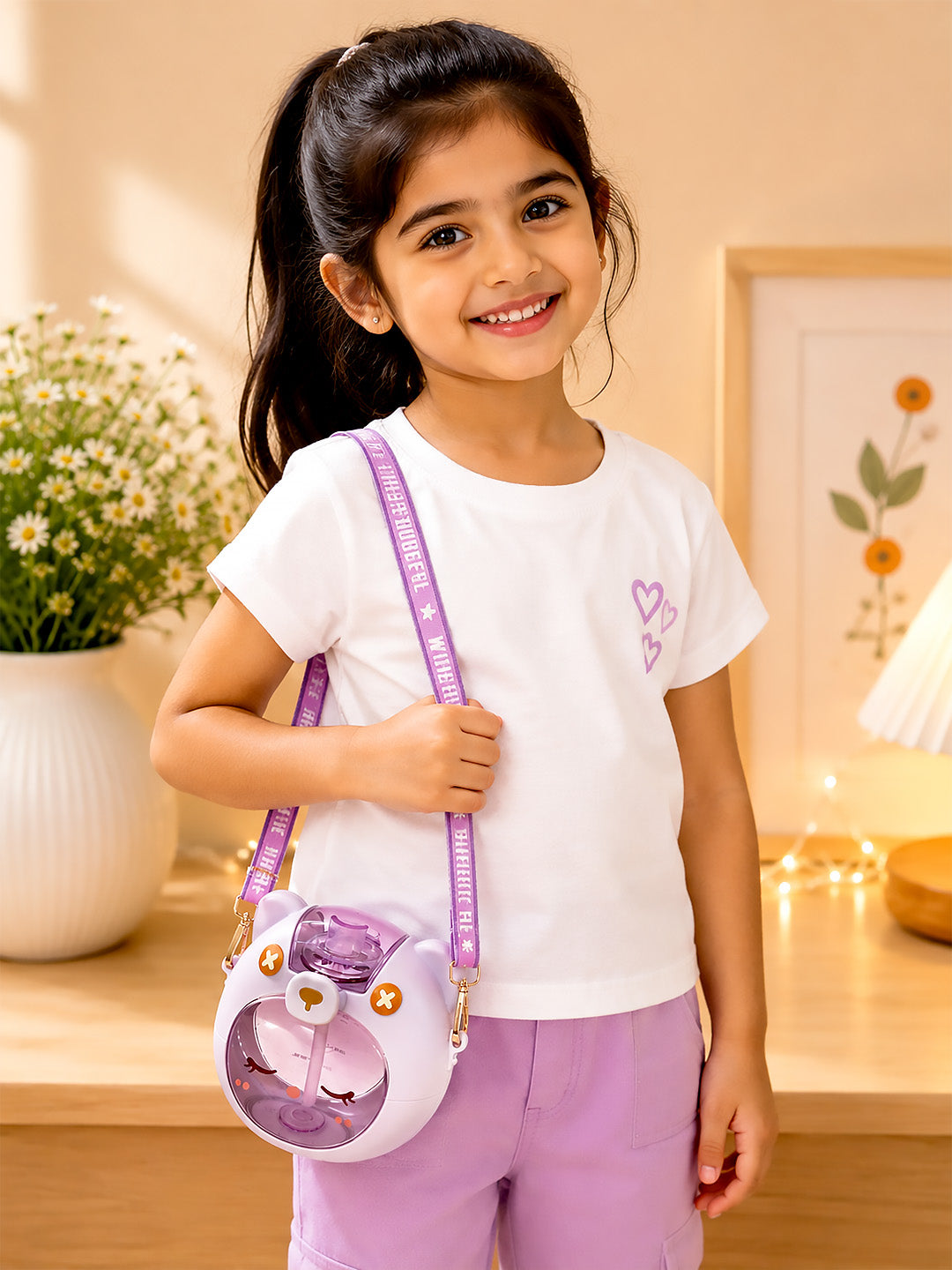 Cute Bear Kids Water Bottle — 630ml | Flip Lid, Straw & Crossbody Strap