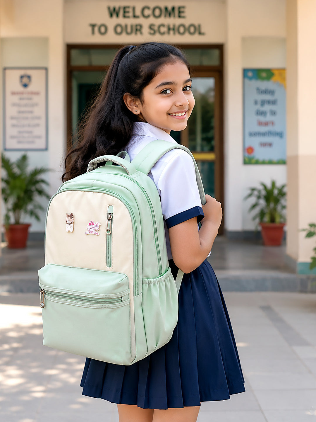 Mint Green Kids School Backpack with Cute Pins – Spacious & Lightweight