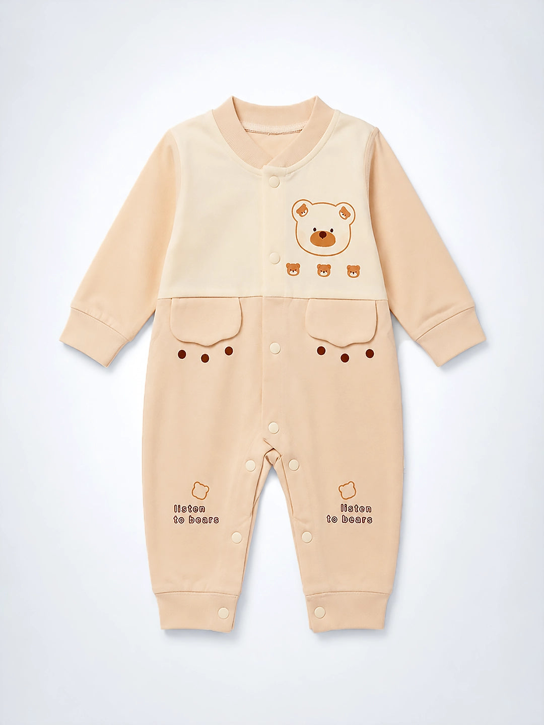 Bear Print Baby Romper | Full Sleeve | Snap Button | Footless | 0–12 Months
