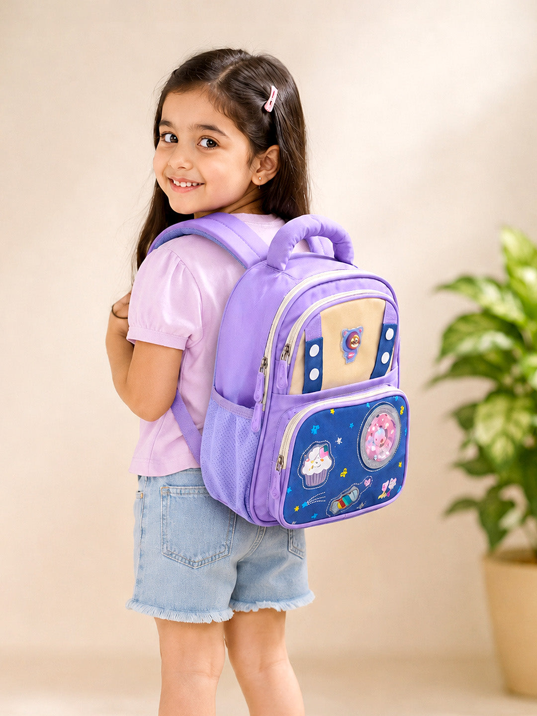 Purple LED Bear Kids School Backpack with Cute Candy Patches